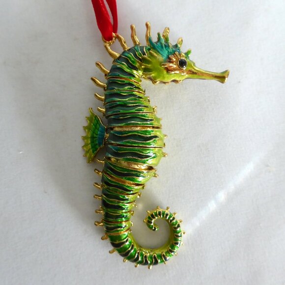 NEW 4.5” CLOISONNE GOLD METAL ENAMEL JOINTED SEAHORSE CHRISTMAS ORNAMENT - Picture 5 of 14